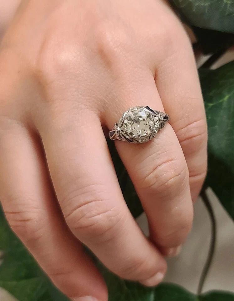 VINTAGE 18K WHITE GOLD FILIGREE ENGAGEMENT RING 2.01CT EURO CUT DIAMOND 1920'S (1 of 1)