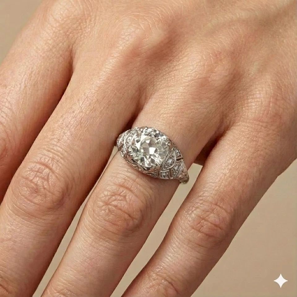 PLATINUM VINTAGE FILIGREE ENGAGEMENT RING 2.78CT. NATURAL OLD MINE DIAMOND GIA: PLATINUM VINTAGE FILIGREE ENGAGEMENT RING 2.78CT. NATURAL OLD MINE DIAMOND GIA This exquisite Art Deco platinum engagement ring dates to the 1920s, featuring a natural 2.78ct old mine cut diamond at i