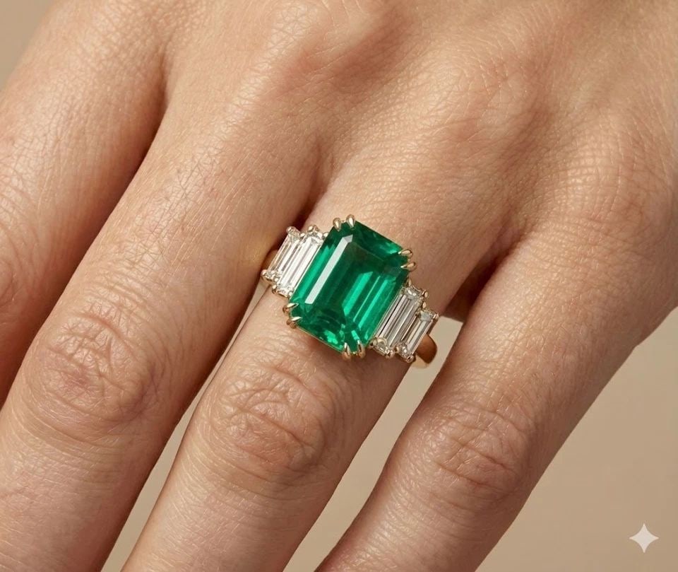 18K MULTI-TONE GOLD ENGAGEMENT RING 5.95CT. NATURAL COLOMBIAN EMERALD GIA CERT: 18K MULTI-TONE GOLD ENGAGEMENT RING 5.95CT. NATURAL COLOMBIAN EMERALD GIA CERT This exquisite vintage ring showcases a magnificent 5.95 carat natural Colombian emerald, expertly cut in a classic emera