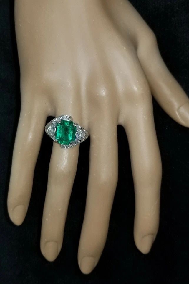 PLATINUM VINTAGE ART DECO 4.43CT. NATURAL COLOMBIA EMERALD DIAMOND RING 1920'S (1 of 1)