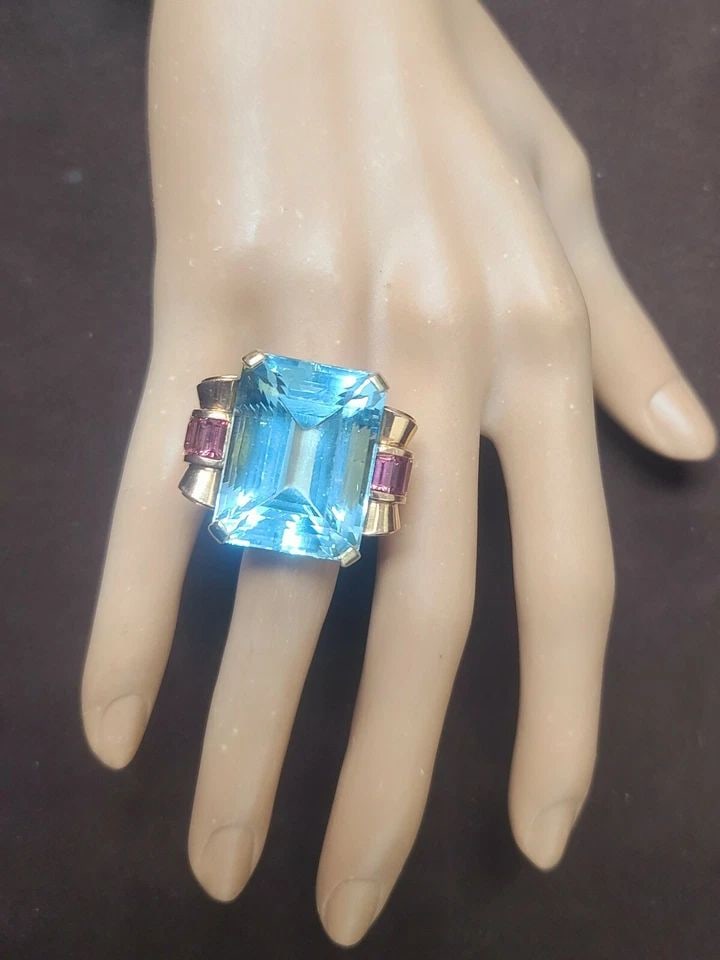ANTIQUE 14K ROSE GOLD RING 52.22 CARAT NATURAL SKY BLUE AQUAMARINE EMERALD CUT (1 of 1)