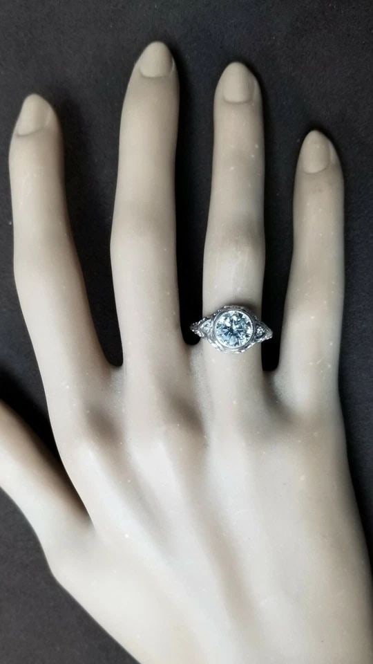 14K WHITE GOLD FILIGREE ART DECO ENGAGEMENT RING 1.59CT. NATURAL ROUND DIAMOND: 1.59CT 14K WHITE GOLD FILIGREE ART DECO ENGAGEMENT RING NATURAL ROUND DIAMOND Stunning Art Deco filigree round cut natural Diamond 14k white gold engagement ring circ 1920's center natural round diamo