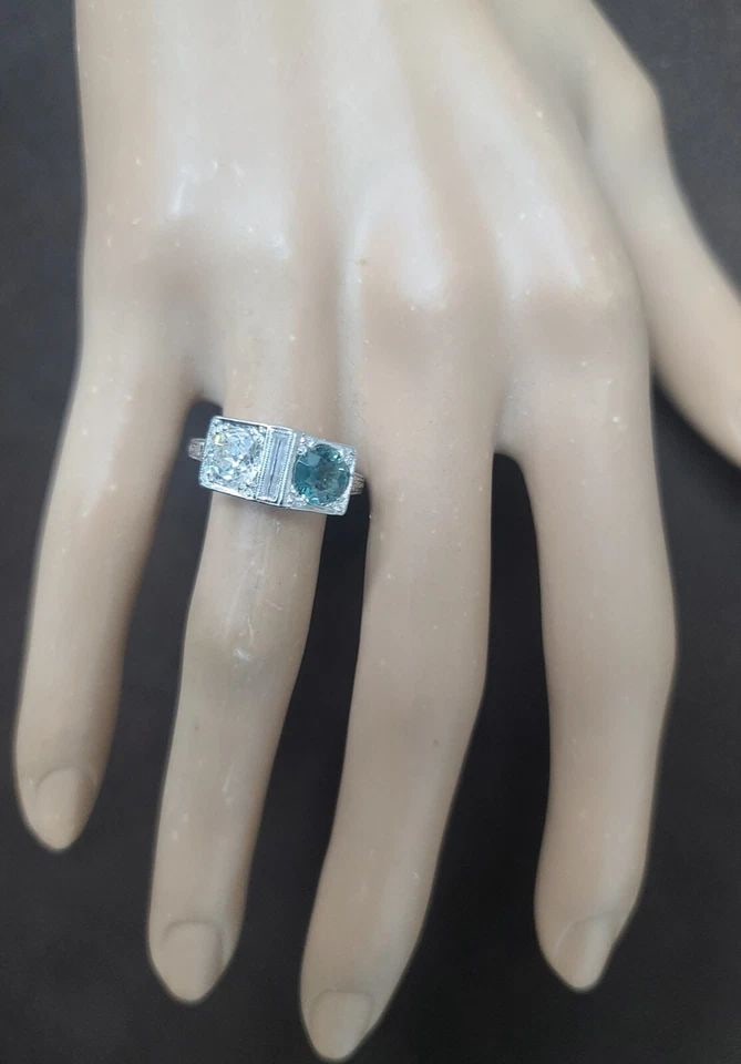 PLATINUM VINTAGE ENGAGEMENT RING 2.30CT.NATURAL TEAL SAPPHIRE EURO CUT DIAMOND (1 of 1)