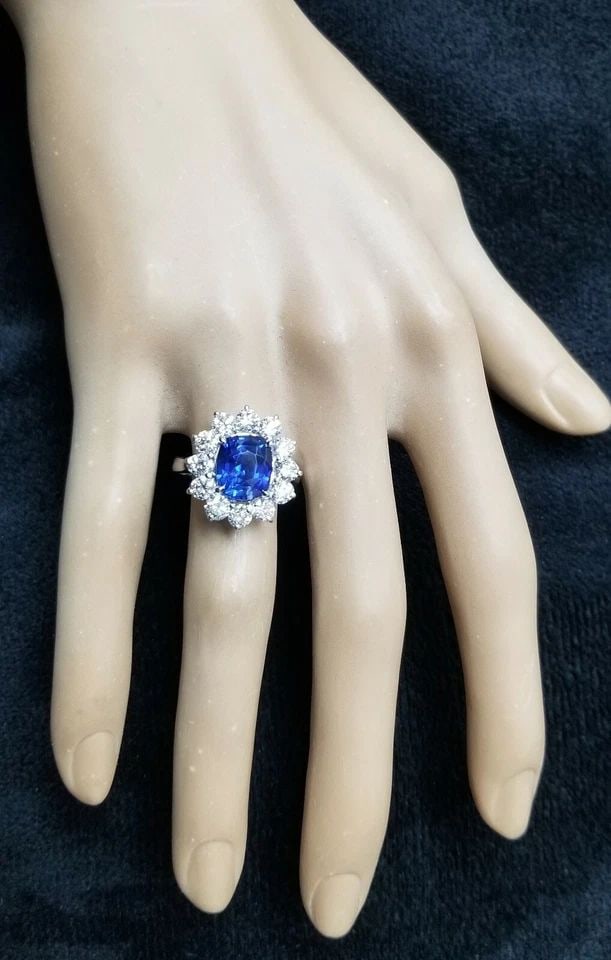 14K WHITE GOLD RING 4.18CT GIA NATURAL CUSHION BLUE SAPPHIRE & DIAMOND ACCENTS (1 of 1)