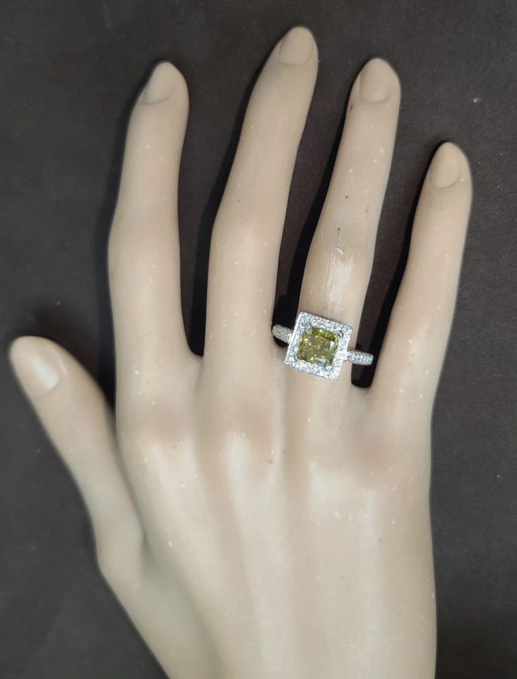 14K WHITE GOLD ENGAGEMENT RING 2.01CT. NATURAL DEEP YELLOW CUSHION SHAPE GIA: 14K WHITE GOLD ENGAGEMENT RING 2.01CT. NATURAL DEEP YELLOW CUSHION SHAPE GIA Gorgeous 14k white gold engagement ring center natural deep yellow weight 2.01ct Size 6.6x6.9mm Gorgeous color, clean, very