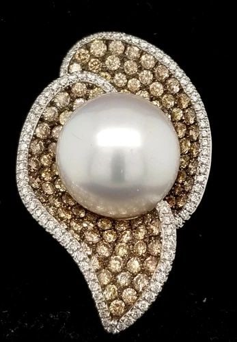 18K WHITE GOLD 3.82CT. NATURAL CHOCOLATE DIAMOND ROUND PEARL RING (1 of 1)