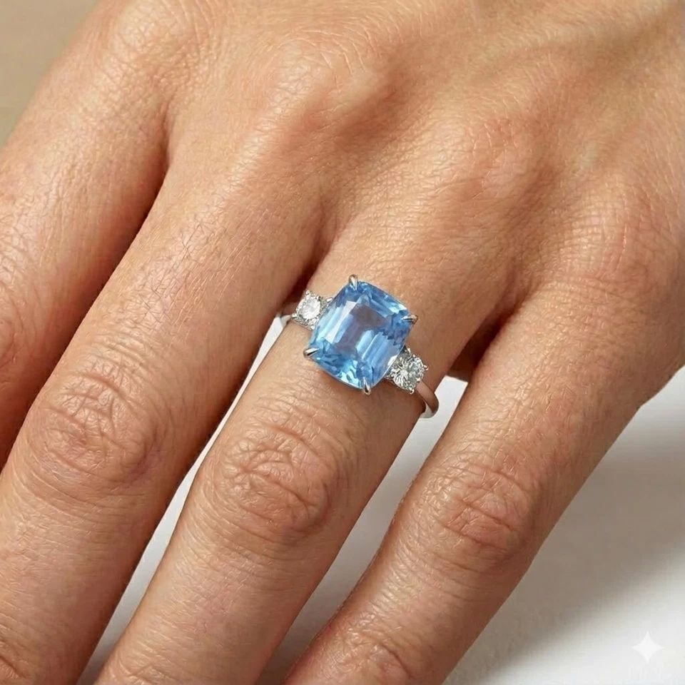 VINTAGE 14K WHITE GOLD ENGAGEMENT RING 8.94CT.NATURAL BLUE CUSHION SAPPHIRE GIA (1 of 2)