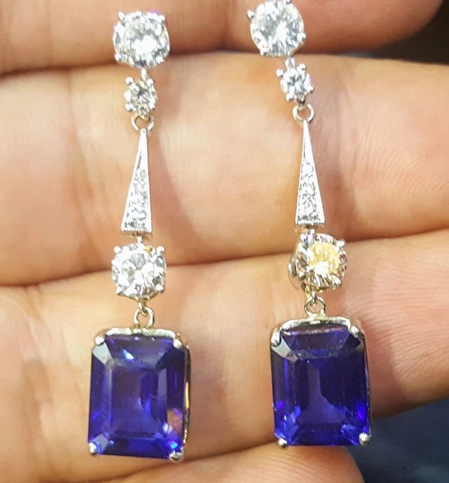 VINTAGE 18K WHITE GOLD DIFFUSED BLUE SAPPHIRE & DIAMOND EARRINGS – 6.20CT TOTAL (1 of 2)