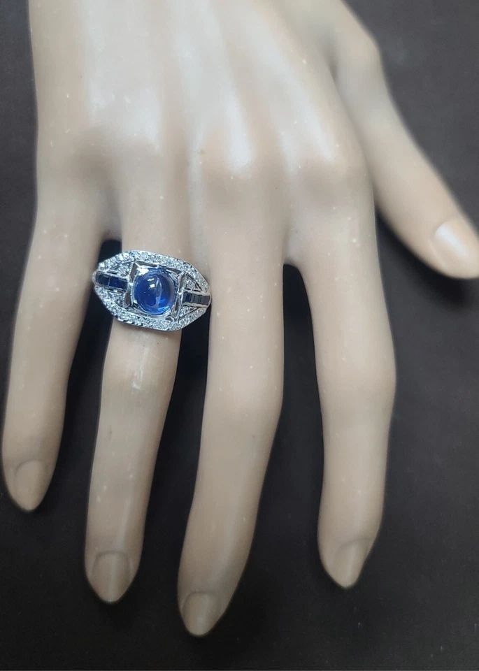 VINTAGE 14K WHITE GOLD ENGAGEMENT RING 2.48CT.NATURAL SAPPHIRE ROUND CABOCHON (1 of 2)