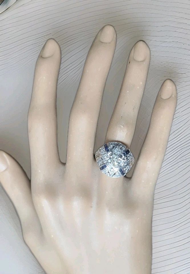 PLATINUM VINTAGE ART DECO FILIGREE 0.92CT.OLD EURO DIAMOND SAPPHIRE RING 1920'S: PLATINUM VINTAGE ART DECO FILIGREE 0.92CT.OLD EURO DIAMOND SAPPHIRE RING 1920'S A breathtaking original Art Deco platinum filigree ring from the 1920s, whispering stories of elegance from a golden era