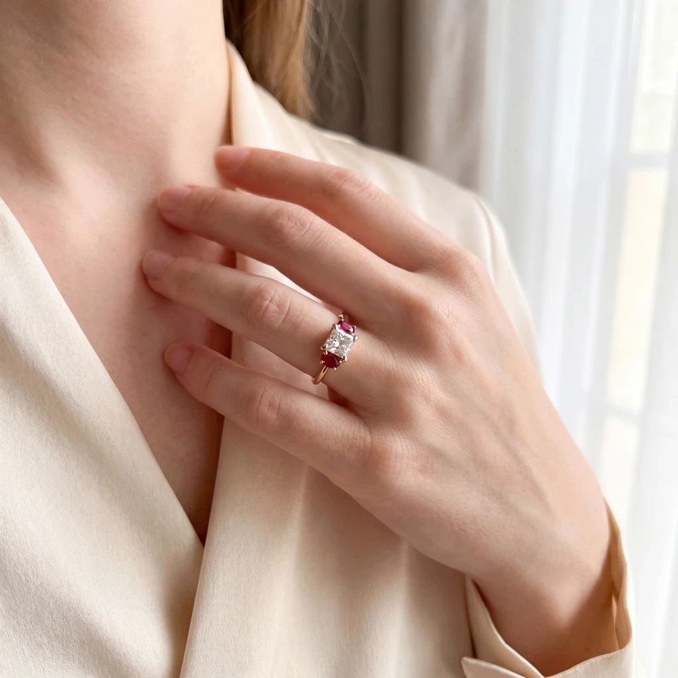 14K YELLOW GOLD ENGAGEMENT THREE STONE RING 1.01CT.NATURAL PRINCESS CUT DIAMOND (1 of 2)