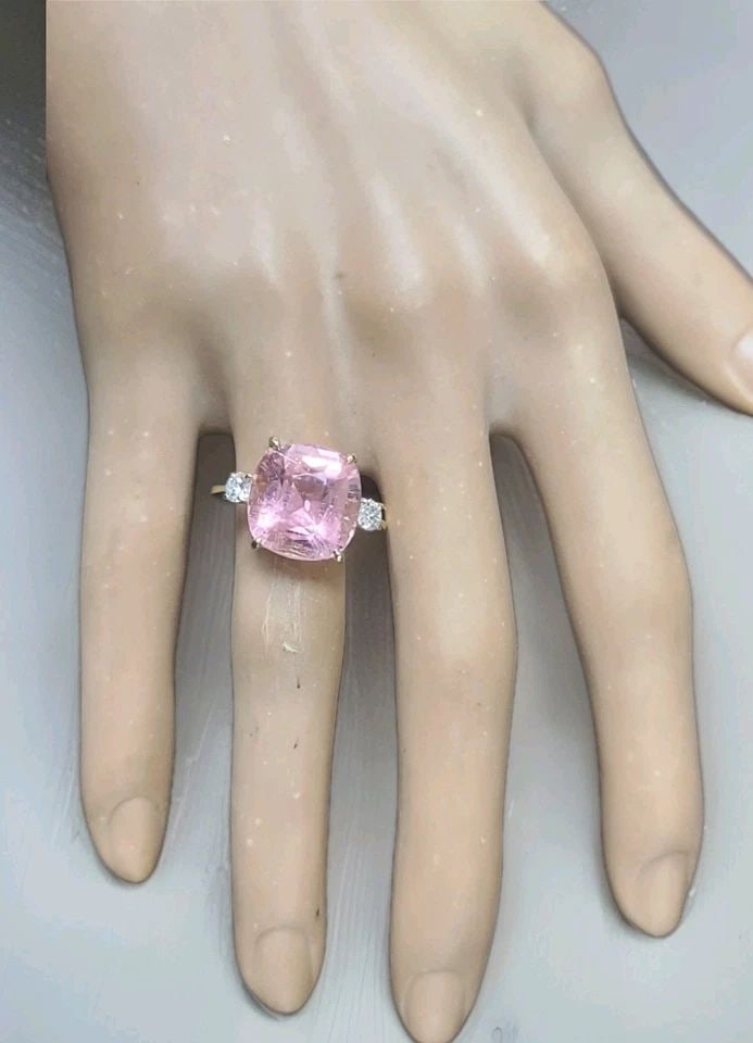 VINTAGE 14K YELLOW GOLD ENGAGEMENT RING 9.07CT. NATURAL PINK TOURMALINE CUSHION: VINTAGE 14K YELLOW GOLD ENGAGEMENT RING 9.07CT. NATURAL PINK TOURMALINE CUSHION This Vintage 14k Yellow Gold Engagement Ring features a stunning 9.07ct. Natural Pink Tourmaline in a cushion shape. The