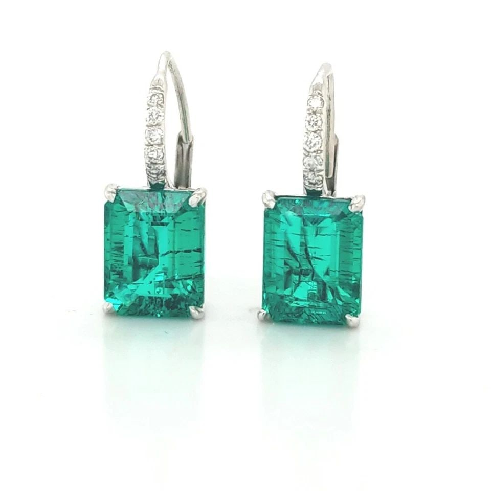 14K WHITE GOLD EMERALD EARRINGS 6.46CT EMERALD CUT WITH DIAMOND ACCENTS (1 of 1)