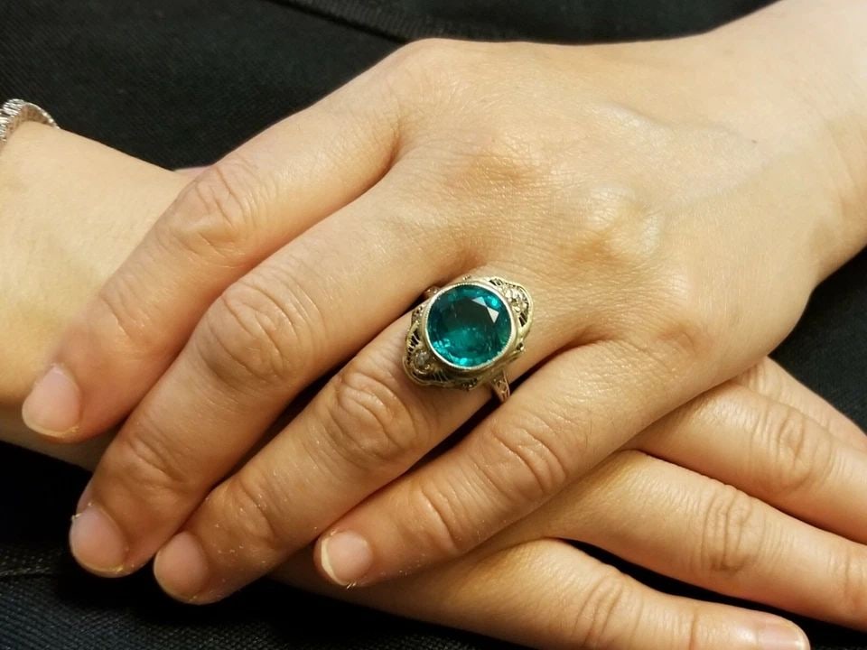 VINTAGE FILIGREE 14K WHITE GOLD RING 5.44CT.ROUND GREEN LAB GROWN EMERALD 1920'S (1 of 2)