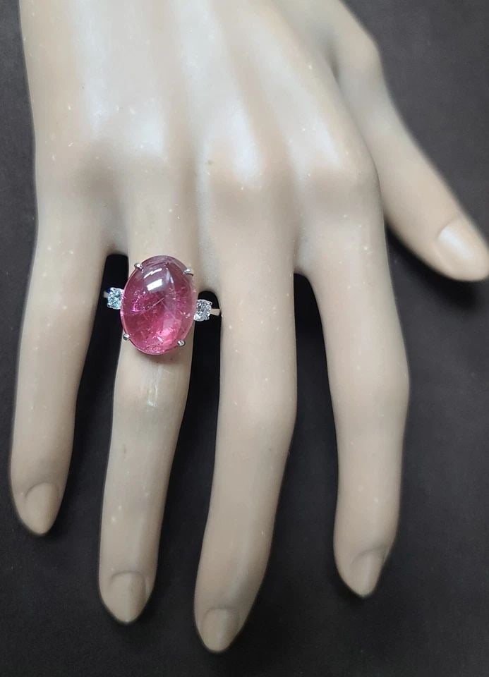 VINTAGE PLATINUM ENGAGEMENT RING 10.98CT.NATURAL PINK TOURMALINE CABOCHON SHAPE (1 of 2)