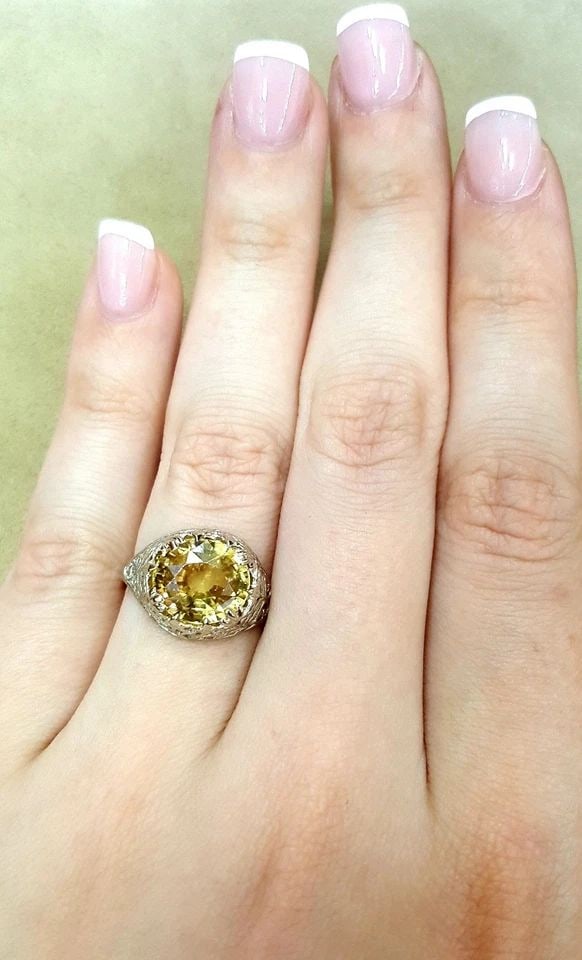 14K WHITE GOLD VINTAGE FILIGREE ENGAGEMENT RING 5.70CT. GEM YELLOW SAPPHIRE (1 of 2)