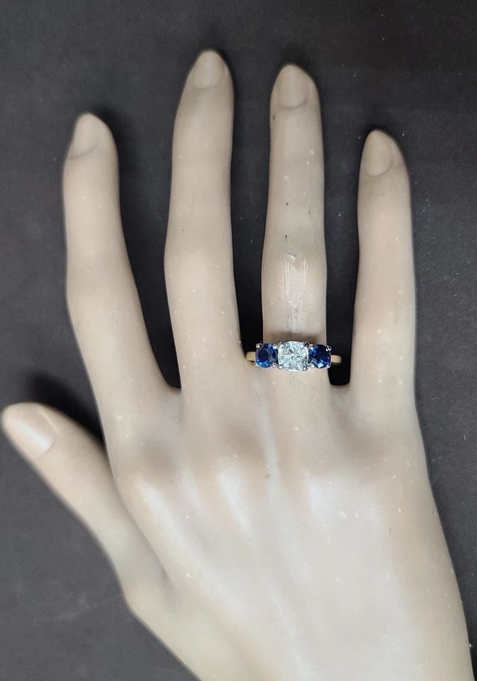 VINTAGE 14K TWO-TONE GOLD ENGAGEMENT RING 1.90CT.NATURAL DIAMOND BLUE SAPPHIRE (1 of 2)