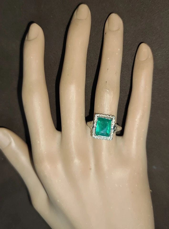 VINTAGE 14K YELLOW GOLD ENGAGEMENT RING 2.61CT.NATURAL GREEN EMERALD CIRC 1930'S (1 of 2)