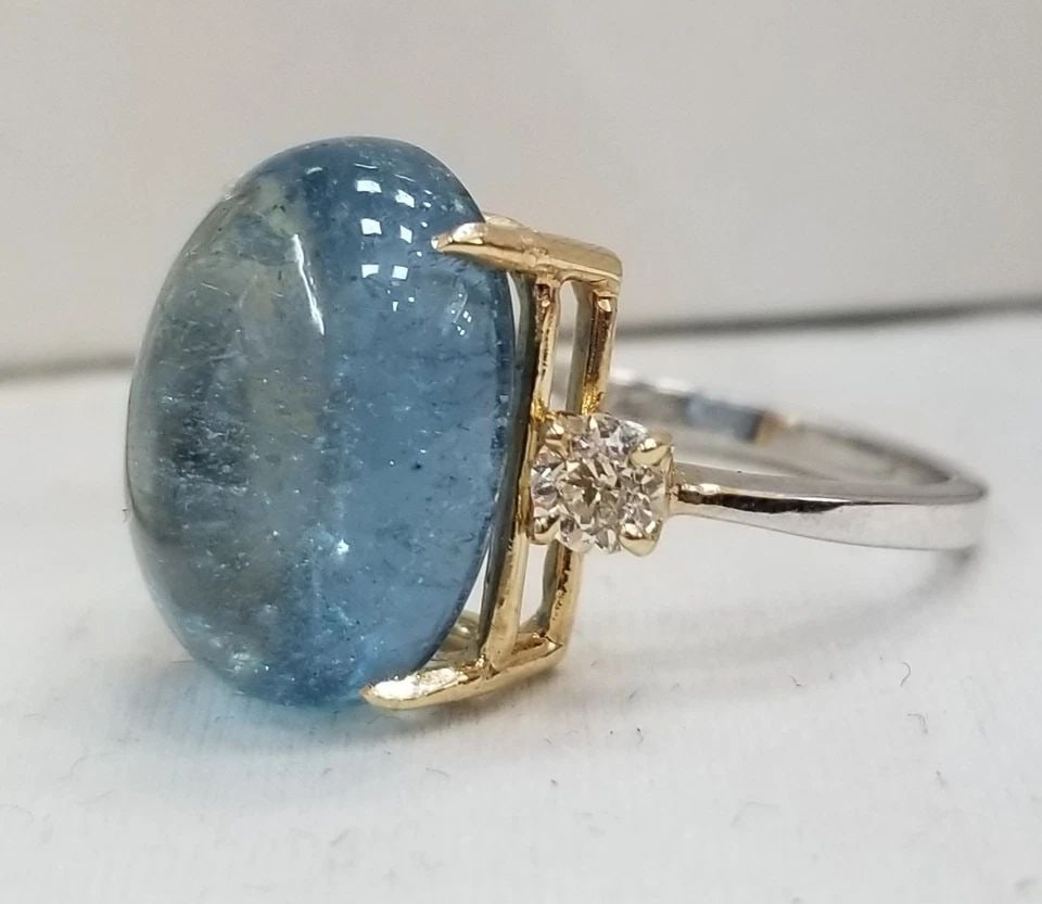 14K YELLOW & WHITE GOLD RING 12.41CT. NATURAL GEM AQUAMARINE OVAL SHAPE (1 of 2)