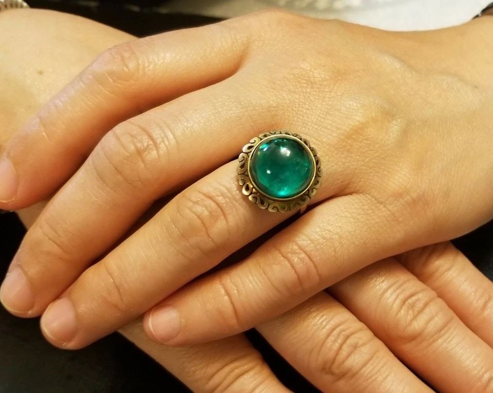 VINTAGE 10K YELLOW GOLD 13.55CT. LAB-GROWN GREEN EMERALD CABOCHON ROUND CUT (1 of 2)