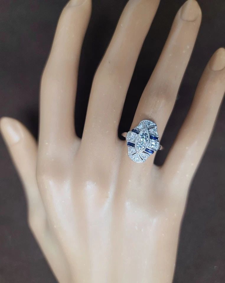 14K WHITE GOLD VINTAGE FILIGREE ART DECO RING 0.77CT. NATURAL DIAMOND SAPPHIRE (1 of 1)