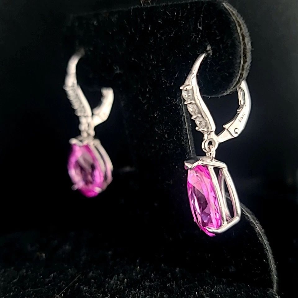 14K WHITE GOLD LAB GROWN PINK SAPPHIRE DROP EARRINGS 6.58CT PEAR SHAPE (1 of 2)
