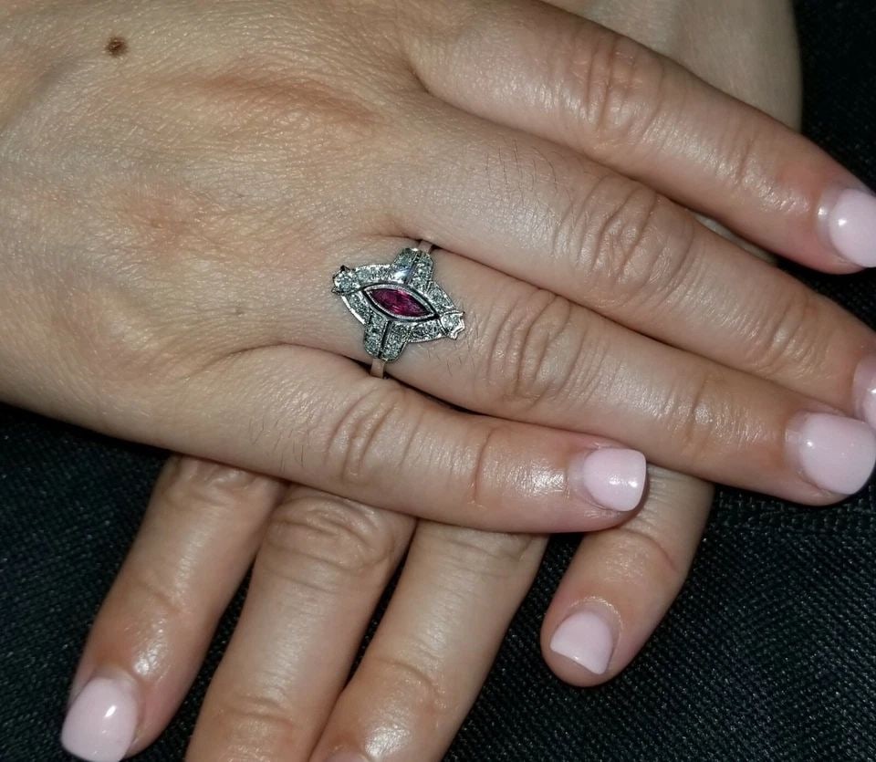PLATINUM VINTAGE ENGAGEMENT RING 1.25CT. NATURAL MARQUISE RUBY DIAMOND: PLATINUM VINTAGE ENGAGEMENT RING 1.25CT. NATURAL MARQUISE RUBY DIAMOND Gorgeous Vintage marquise ruby PLATINUM ring circa 1930 center marquise cut natural ruby weight 0.75ct size 7.5mm x 3.5mm gourgou