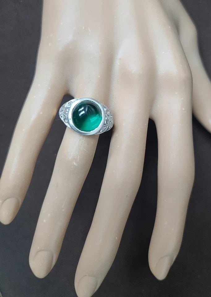 4.02CT. GEORGIAN LAB EMERALD RING ROSE CUT DIAMOND 14K & SILVER CIRC 1800'S (1 of 2)