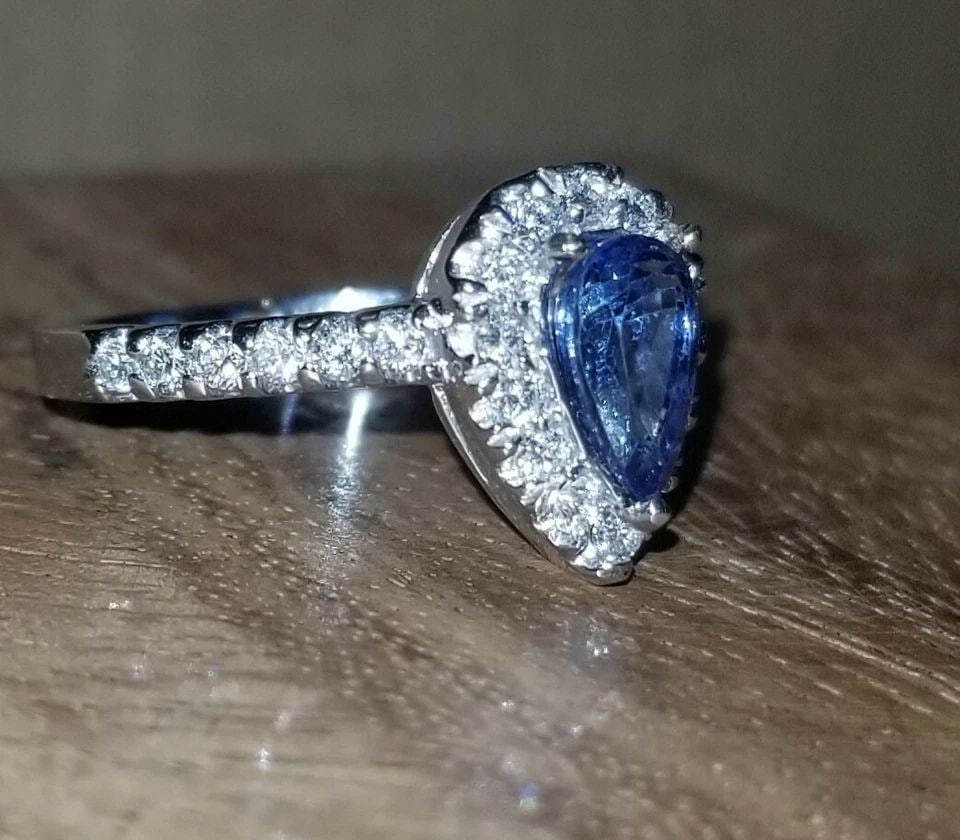 14K WHITE GOLD PEAR-SHAPED NATURAL 1.25CT. BLUE SAPPHIRE ENGAGEMENT RING (1 of 2)