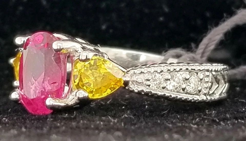 18K WHITE GOLD ENGAGEMENT RING 1.10CT NATURAL PINK TOURMALINE YELLOW SAPPHIRE (1 of 2)
