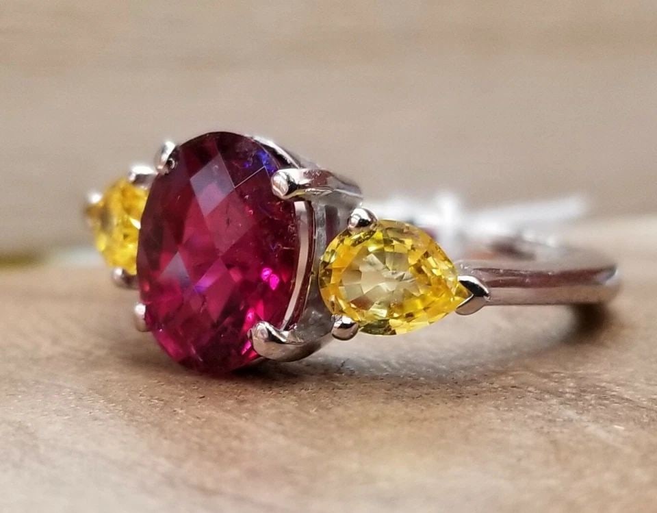 18K WHITE GOLD ENGAGEMENT RING 2.72CT NATURAL PINK TOURMALINE YELLOW SAPPHIRE (1 of 1)