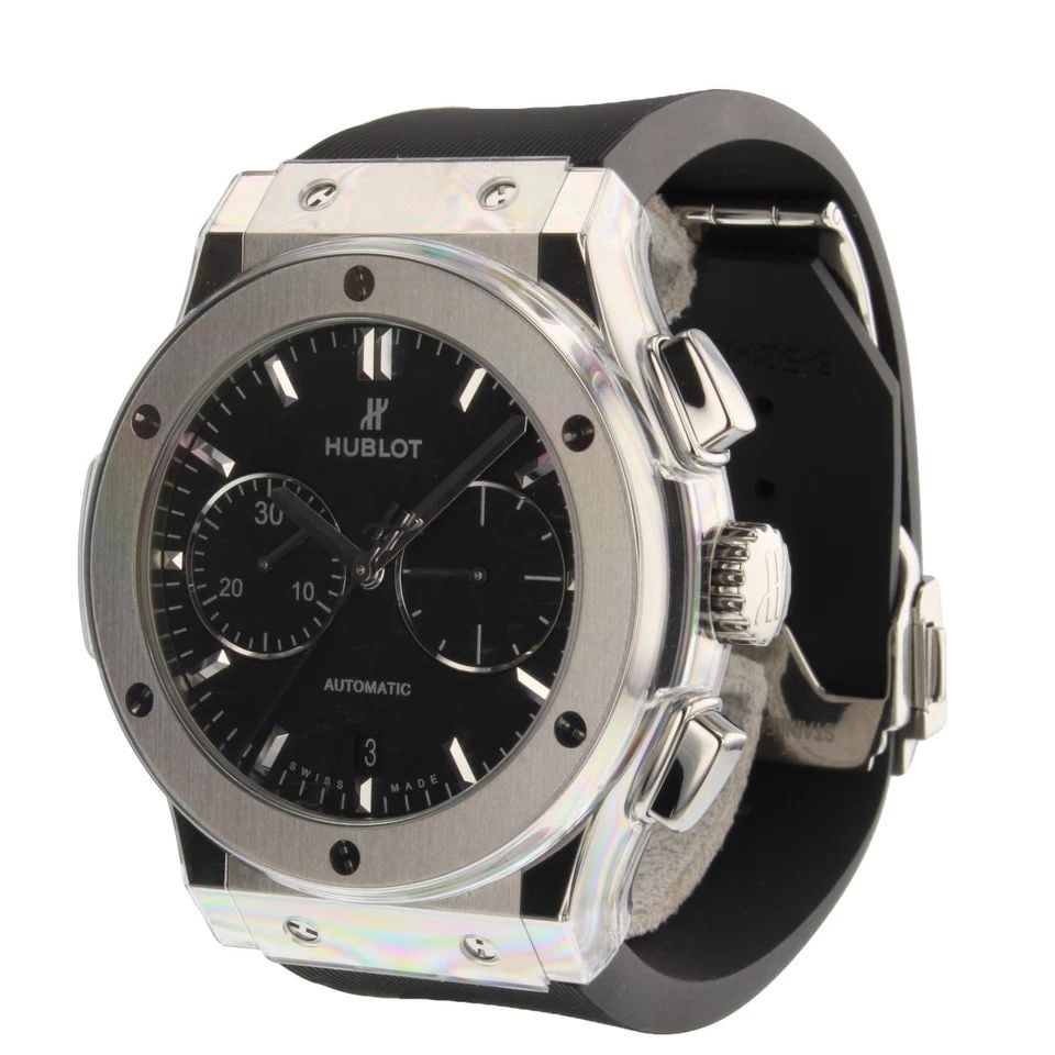 HUBLOT CLASSIC FUSION CHRONOGRAPH TITANIUM AUTOMATIC RUBBER WATCH 521.NX.1171.RX: HUBLOT CLASSIC FUSION CHRONOGRAPH TITANIUM AUTOMATIC RUBBER WATCH Manufacturer Hublot Category Classic Fusion Subcategory Chronograph Reference Number 521.NX.1171.RX Band Color Black Band Type Rubber 