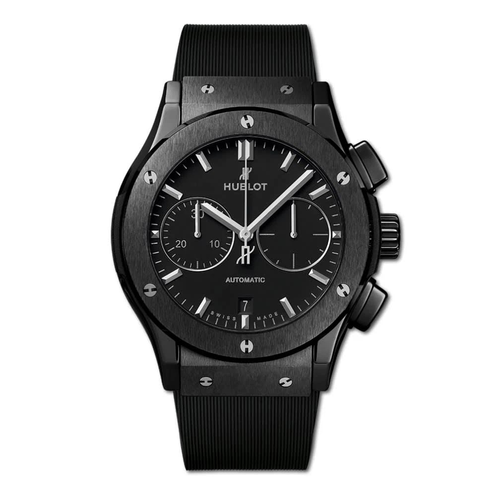 NEW HUBLOT CLASSIC FUSION CHRONOGRAPH CERAMIC 45MM WATCH 521.CM.1171.RX: NEW HUBLOT CLASSIC FUSION CHRONOGRAPH CERAMIC 45MM WATCH Manufacturer Hublot Category Classic Fusion Subcategory Chronograph Reference Number 521.CM.1171.RX Band Color Black Band Type Rubber Bezel Fix