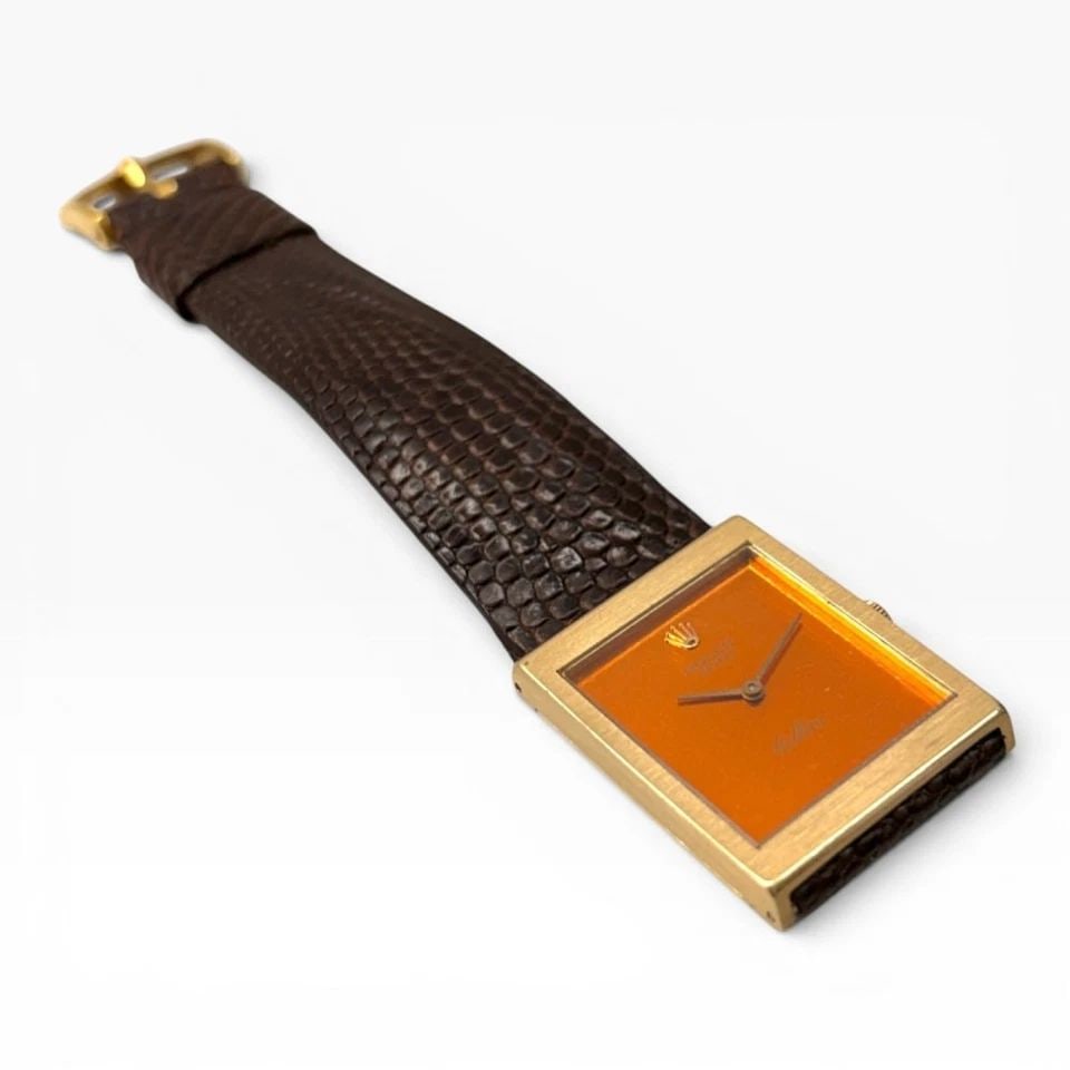 ROLEX CELLINI 22 X 28 MM ORANGE DIAL 18K YELLOW GOLD LEATHER QUARTZ WATCH 4014 (1 of 2)