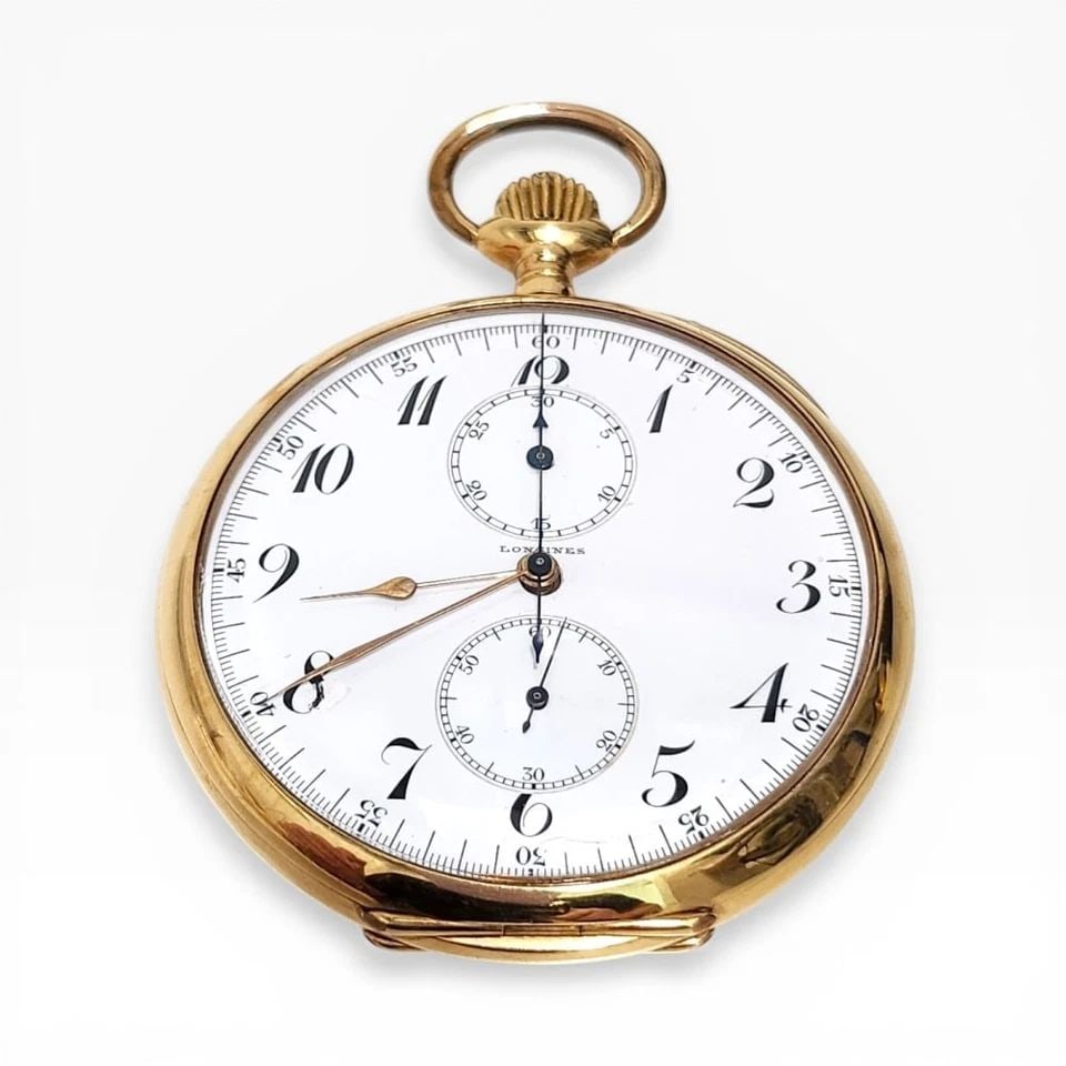 EXOTIC LONGINES POCKET WATCH 54 MM 18K YELLOW GOLD MANUAL CHRONOGRAPH CIRCA 1930 (1 of 2)