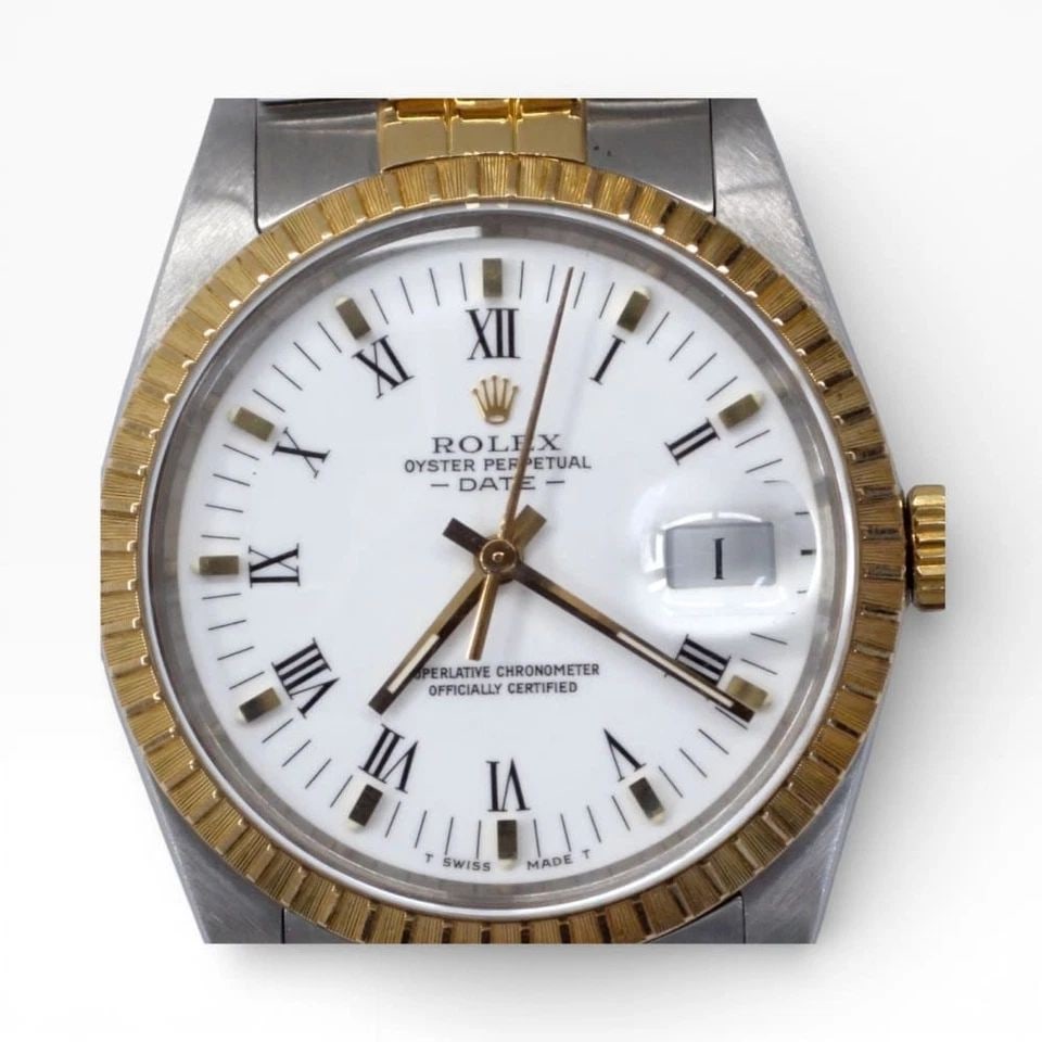 ROLEX DATE 34MM STEEL 18K YELLOW GOLD JUBILEE WHITE GOLD WATCH 15053 R SERIES 87: ROLEX DATE 34MM STEEL 18K YELLOW GOLD JUBILEE WHITE GOLD WATCH Manufacturer Rolex Category Mens Date 34mm Subcategory Plastic Crystal Quick Set Reference Number 15053 Additional Keywords Band Steel ,Y