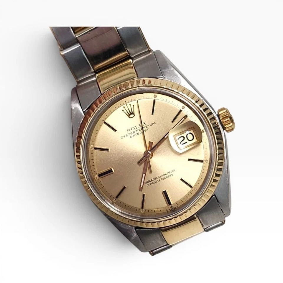 ROLEX DATEJUST 36 MM TWO TONE CHAMPAGNE OYSTER AUTOMATIC WATCH 1601 CIRCA 19791: ROLEX DATEJUST 36 MM TWO TONE CHAMPAGNE OYSTER AUTOMATIC WATCH 1601 CIRCA 19791 Manufacturer Rolex Category Mens Datejust 36mm Reference Number 1601 Band Steel ,Yellow Gold Band Color Yellow Gold & St