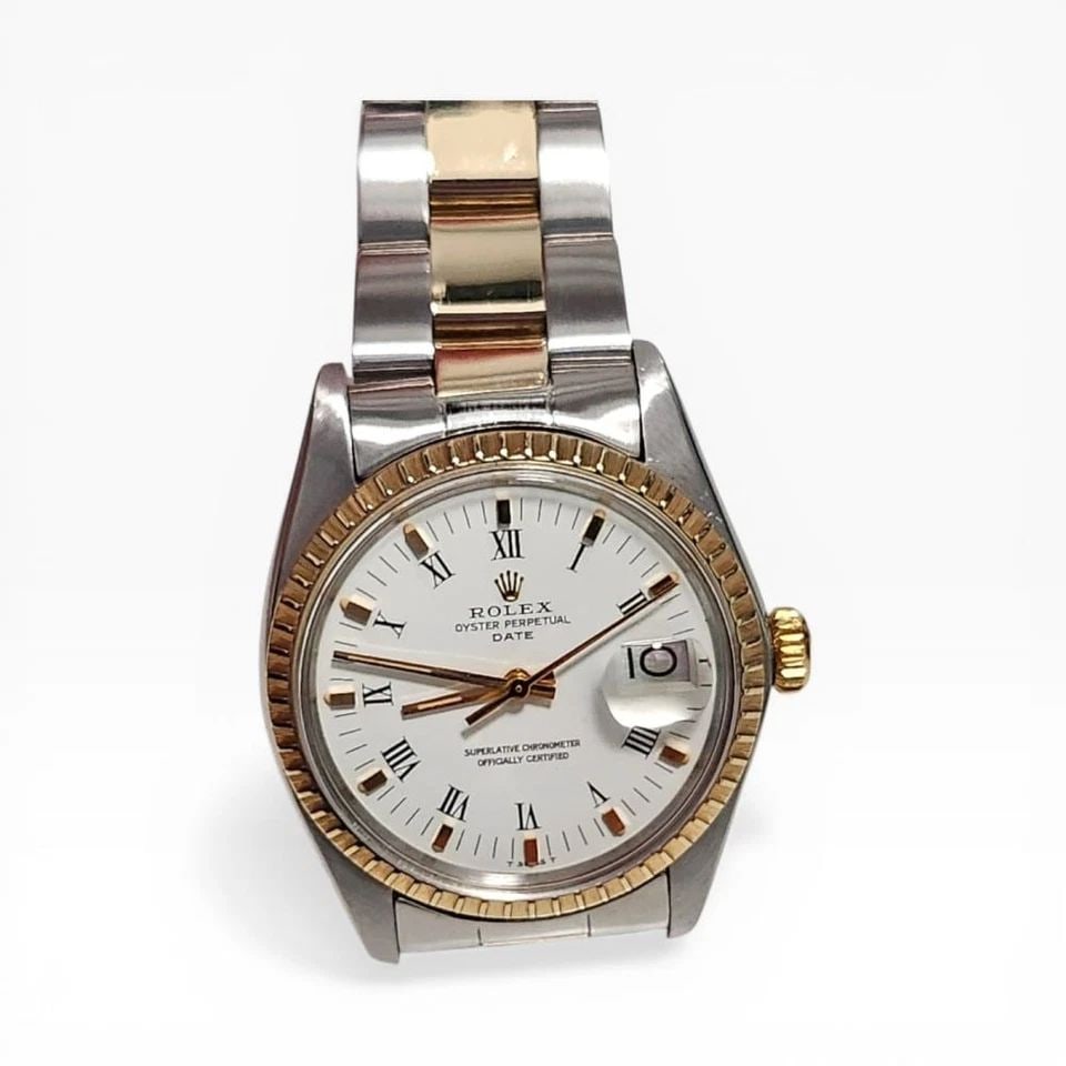 ROLEX DATE 34 MM TWO TONE OYSTER WHITE ROMAN AUTOMATIC WATCH 1505 CIRCA 1978 (1 of 2)