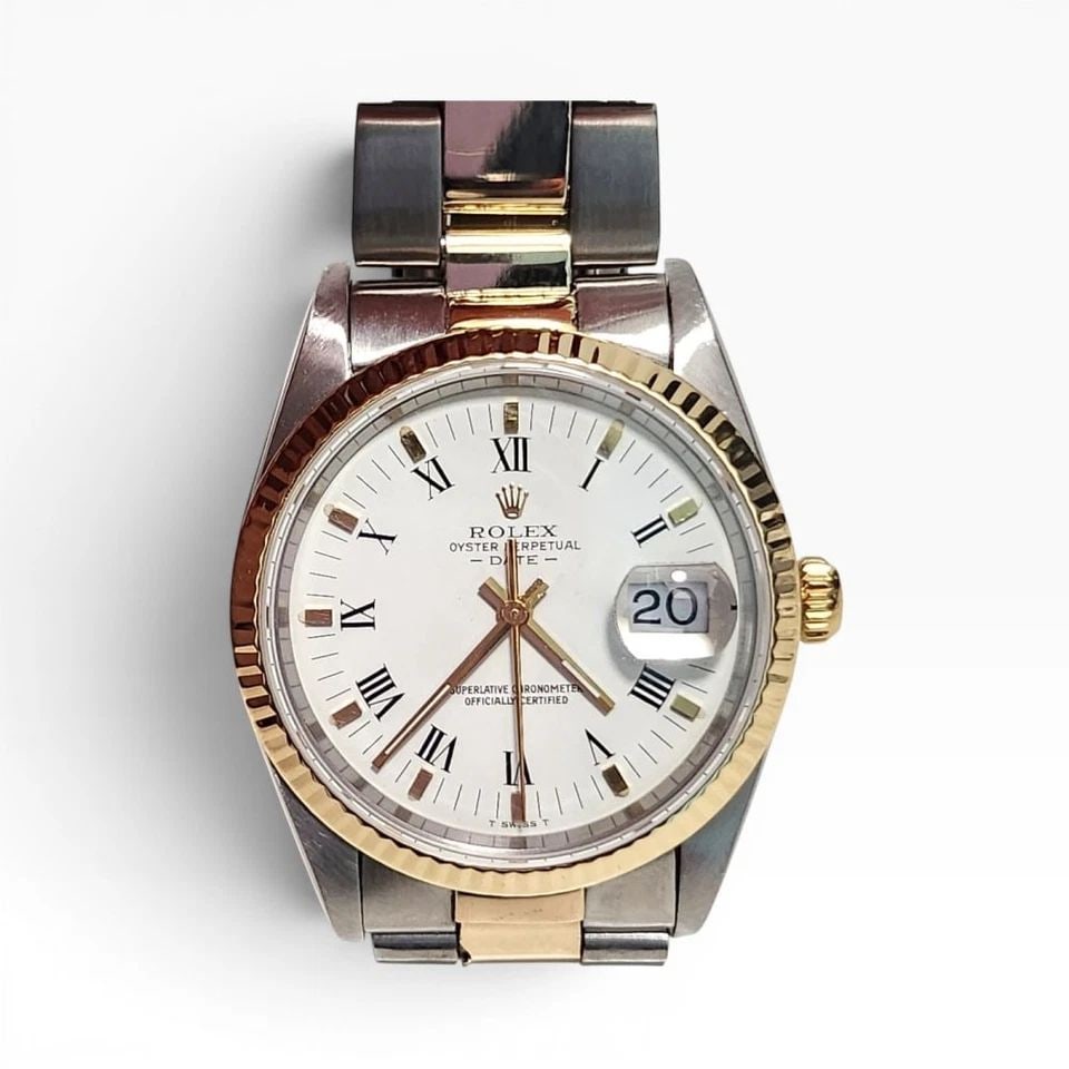 W/SERVICE PAPERS ROLEX DATE 34 MM TWO TONE WHITE ROMAN WATCH 15200 E SERIES 1990 (1 of 2)