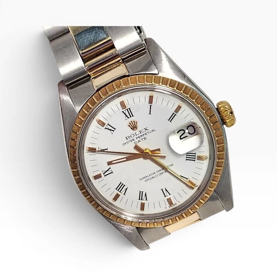 ROLEX DATE 34 MM TWO TONE OYSTER WHITE ROMAN AUTOMATIC WATCH 1500 CIRCA 1978 (1 of 2)