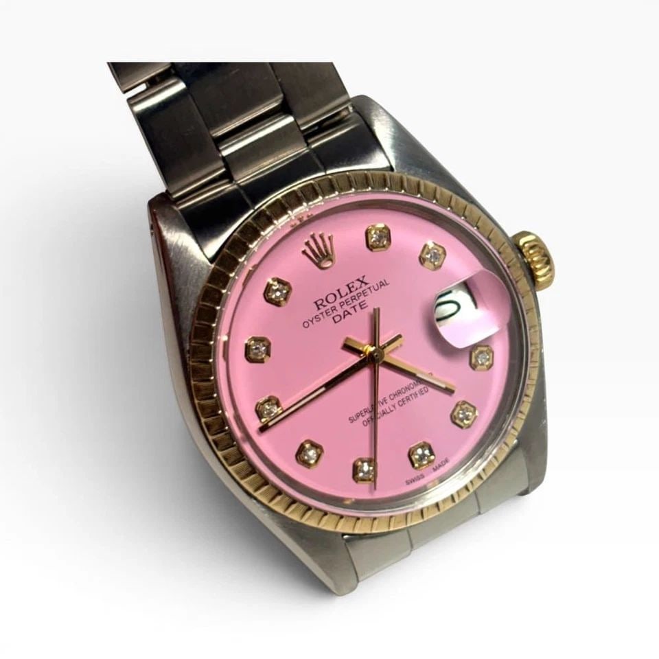 ROLEX DATE 34 MM TWO TONE CANDY PINK DIAMOND DIAL OYSTER WATCH 1500 CIRCA 1979 (1 of 2)