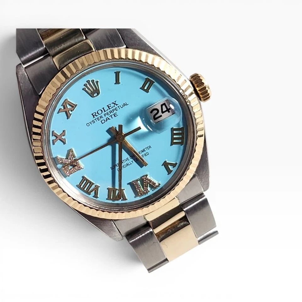 ROLEX DATE 34 MM TWO TONE BLUE TURQUOISE OYSTER AUTOMATIC WATCH 1500 CIRCA 1969 (1 of 2)