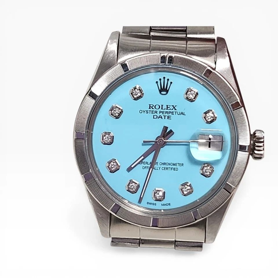 ROLEX DATE 34MM BLUE TURQUOISE DIAMOND DIAL STEEL AUTOMATIC WATCH 1501 YEAR 1974: ROLEX DATE 34MM BLUE TURQUOISE DIAMOND DIAL STEEL AUTOMATIC WATCH Manufacturer Rolex Category Mens Date 34mm Reference Number 1501 Band Stainless Steel Band Color Steel Band Type Oyster Bezel Engine T