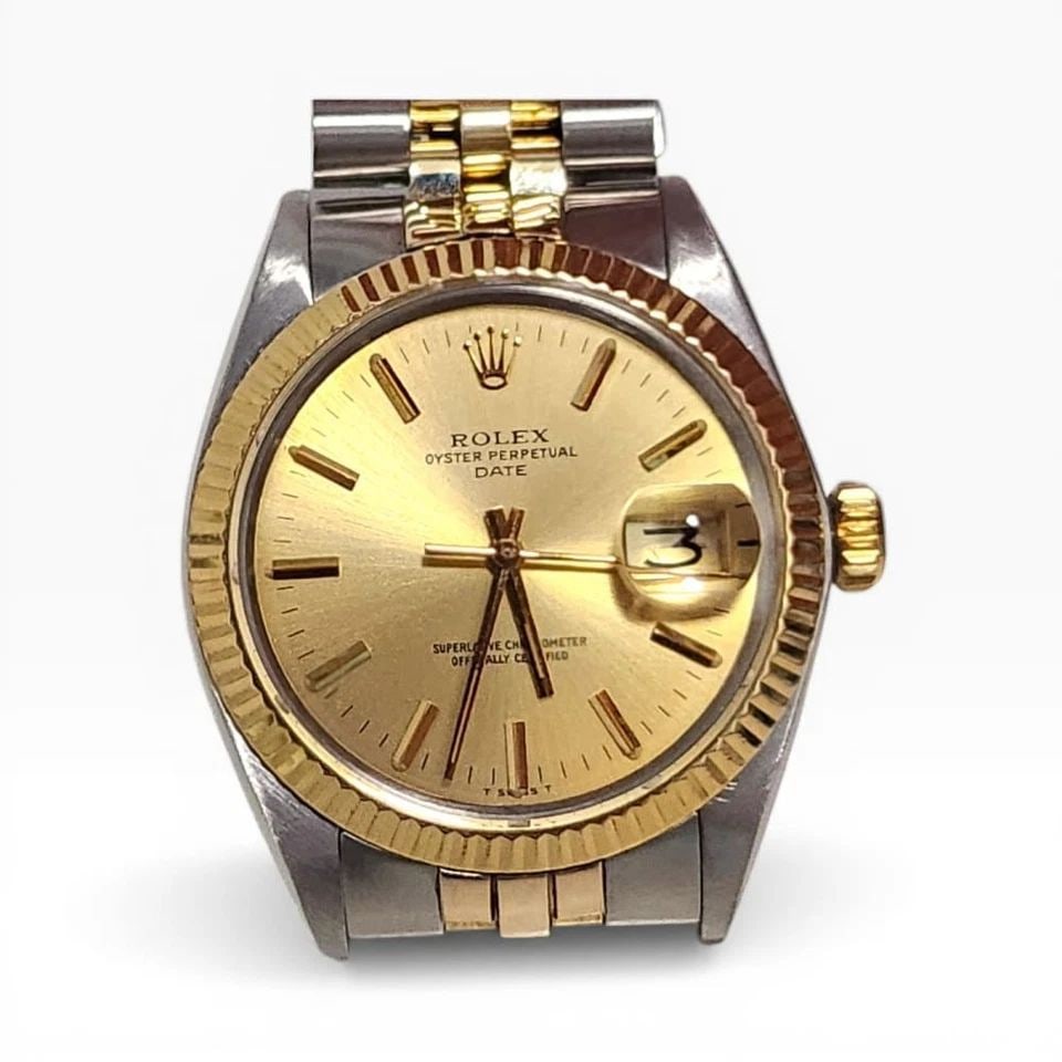 ROLEX DATE 34 MM TWO TONE JUBILEE CHAMPAGNE AUTOMATIC WATCH 1500 CIRCA 1969: ROLEX DATE 34 MM TWO TONE JUBILEE CHAMPAGNE AUTOMATIC WATCH Manufacturer Rolex Category Mens Date 34mm Subcategory Plastic Crystal Non Quick Reference Number 1500 Band Steel ,Yellow Gold Band Color Ye