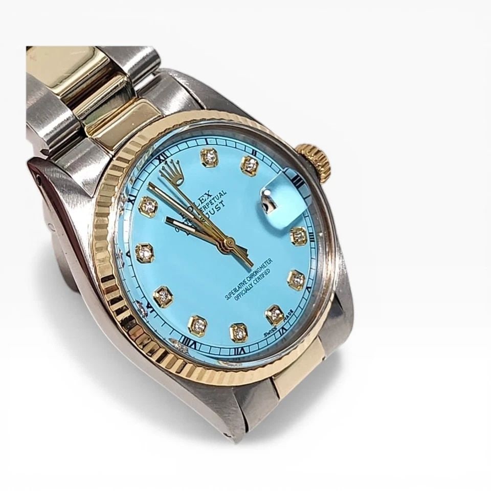ROLEX DATEJUST 36 MM TWO TONE BLUE TURQUOISE DIAMOND DIAL OYSTER WATCH 1603 1970: ROLEX DATEJUST 36 MM TWO TONE BLUE TURQUOISE DIAMOND DIAL OYSTER WATCH 1603 1970 Manufacturer Rolex Category Mens Datejust 36mm Subcategory Plastic Crystal Non Quick Reference Number 1603 Additional K