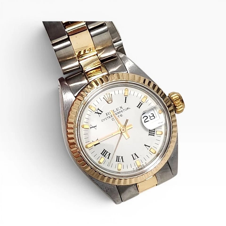 ROLEX LADIES DATE 26 MM TWO TONE OYSTER WHITE ROMAN WATCH 6917 CIRCA 1979 (1 of 2)