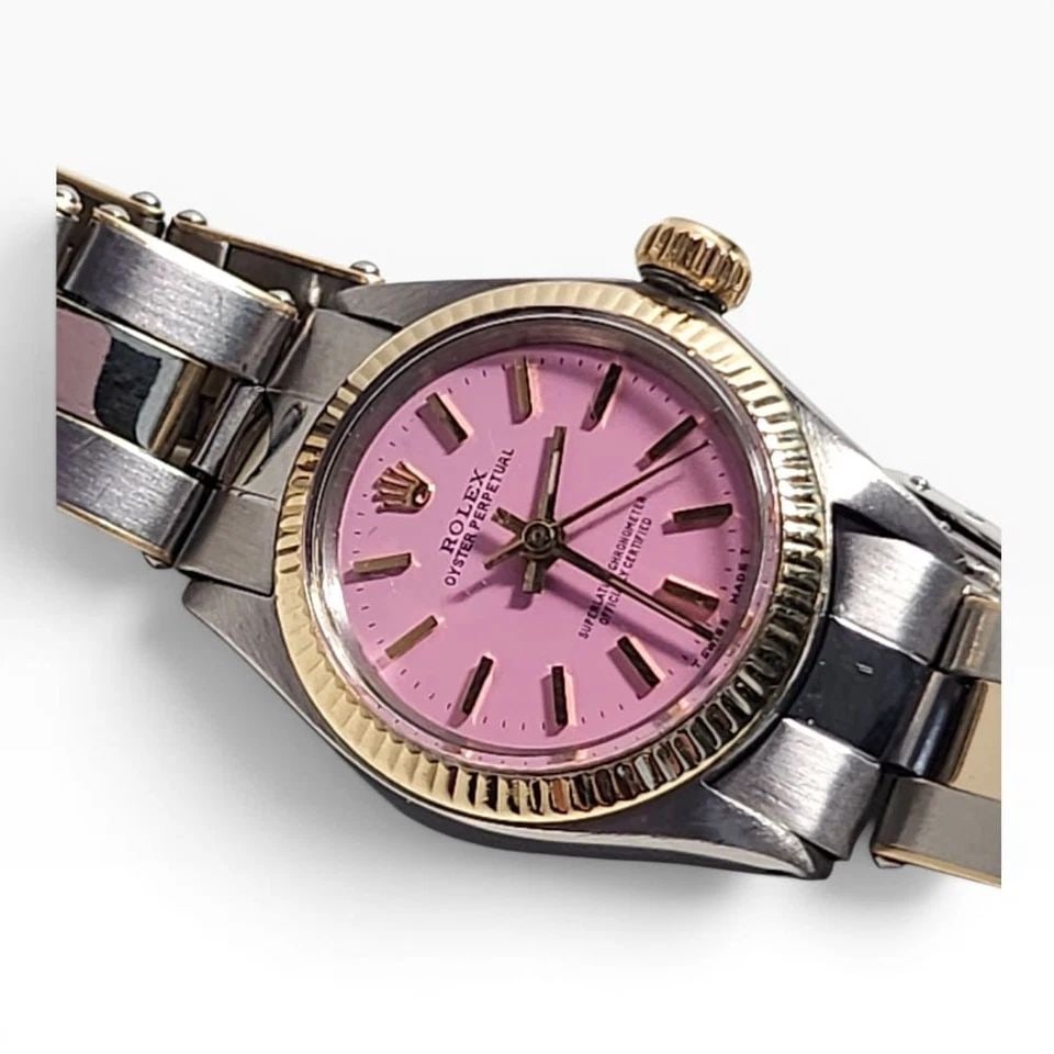 ROLEX OYSTER PERPETUAL LADY 26 MM CANDY PINK DIAL TWO TONE WATCH 6618 CIRCA 1970 (1 of 2)