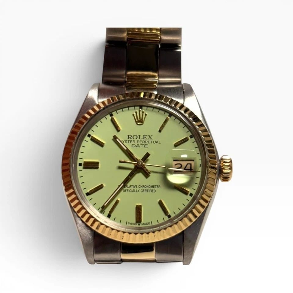 ROLEX DATE 34 MM TWO TONE PISTACHIO DIAL OYSTER AUTOMATIC WATCH 1500 CIRCA 1972 (1 of 2)