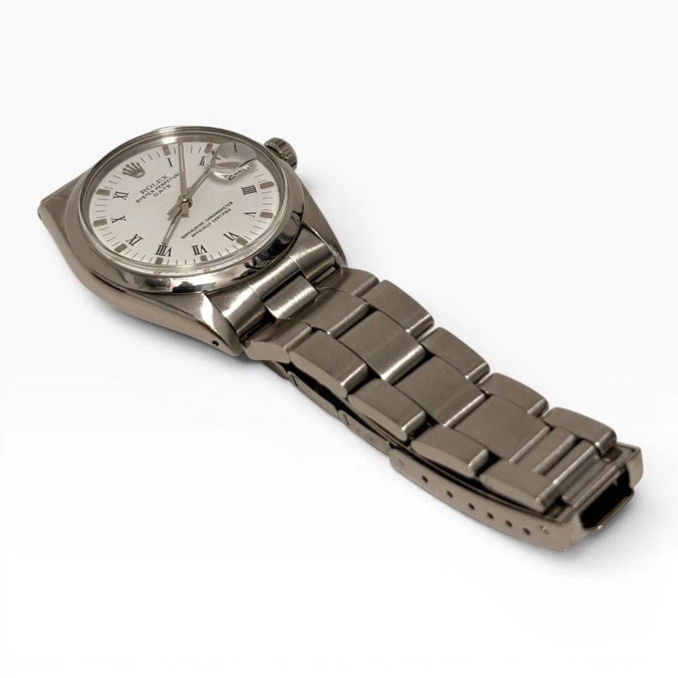 ROLEX DATE 34 MM STEEL WHITE ROMAN DIAL OYSTER AUTOMATIC WATCH 1500 CIRCA 1975 (1 of 2)