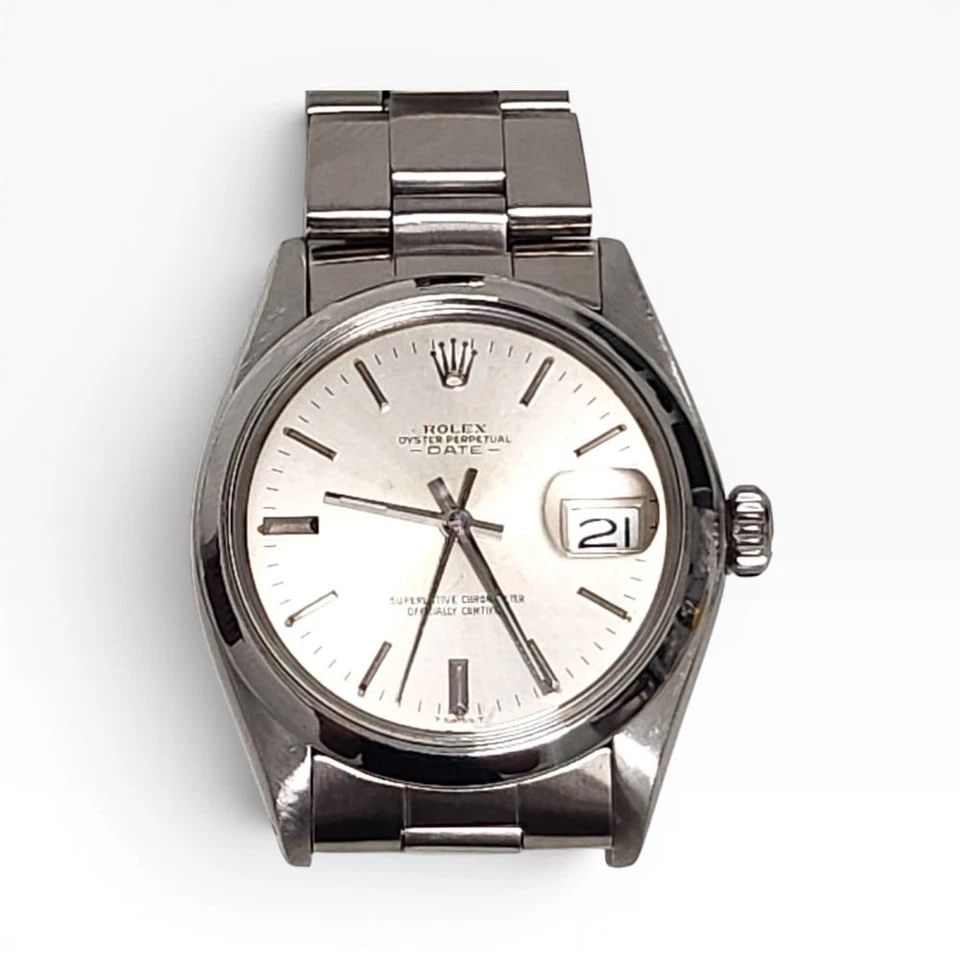 ROLEX DATE 34 MM STEEL OYSTER SILVER DIAL AUTOMATIC WATCH 1500 CIRCA 1974 (1 of 2)